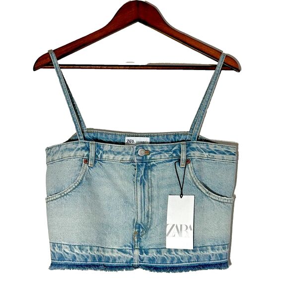 NWT Zara Tank Top Skirt M Effect Crop Denim Jean Spaghetti Straps 5252/201 - Picture 1 of 14